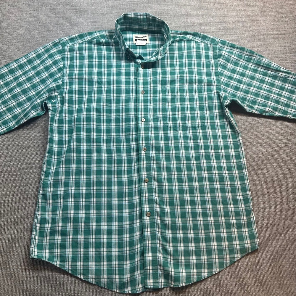 Wrangler Button Down Shirt Mens Large Green Riata‎ Plaid Long Sleeve